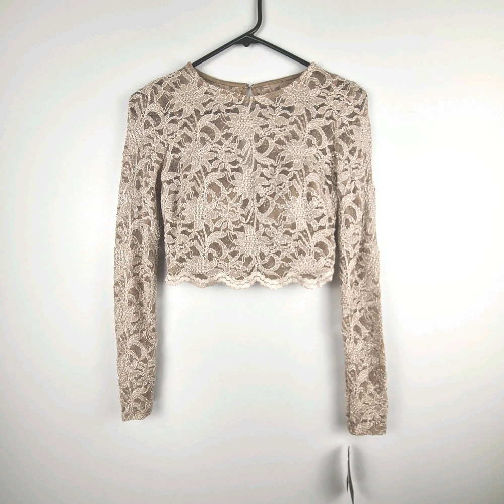 CITY STUDIO Juniors Beige Long Sleeve Formal Top Size 3 Floral Lace Shimmer Cami